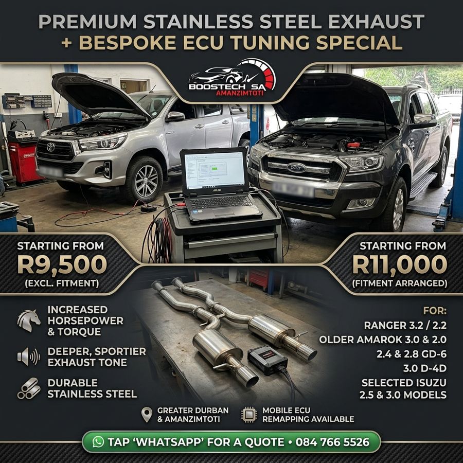 Stainless steel exhaust and ECU tuning special on a Hilux and a Ranger